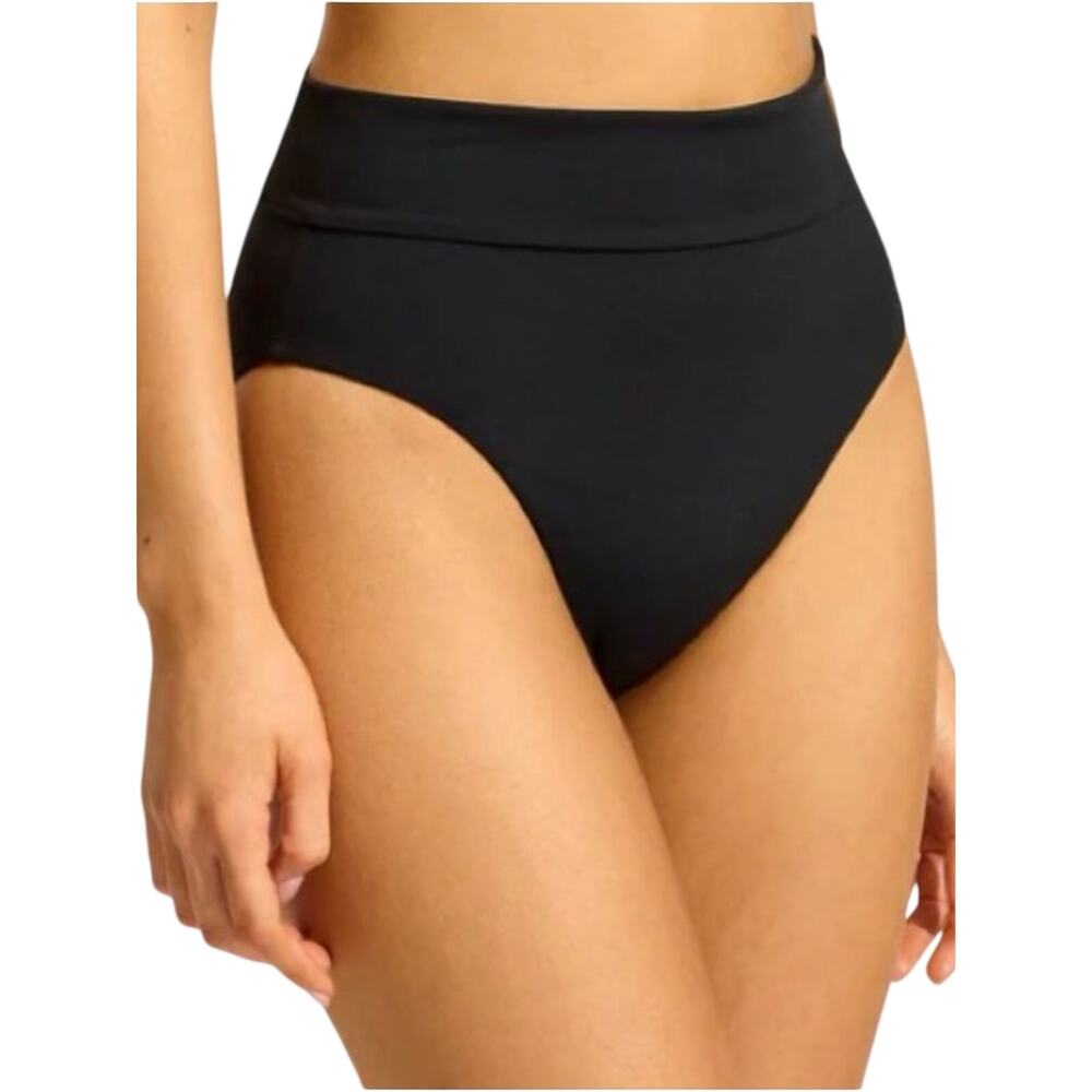 NWT Seafolly Roll Top High Waisted Bikini Bottom Black Wet Look Faux Leather 8 - Picture 3 of 16